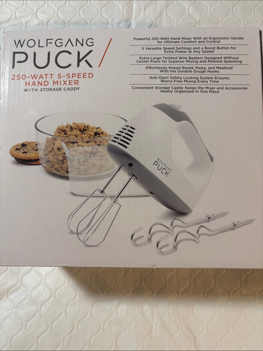 Wolfgang Puck White 250-Watt 5-Speed Hand Mixer with Storage Caddy